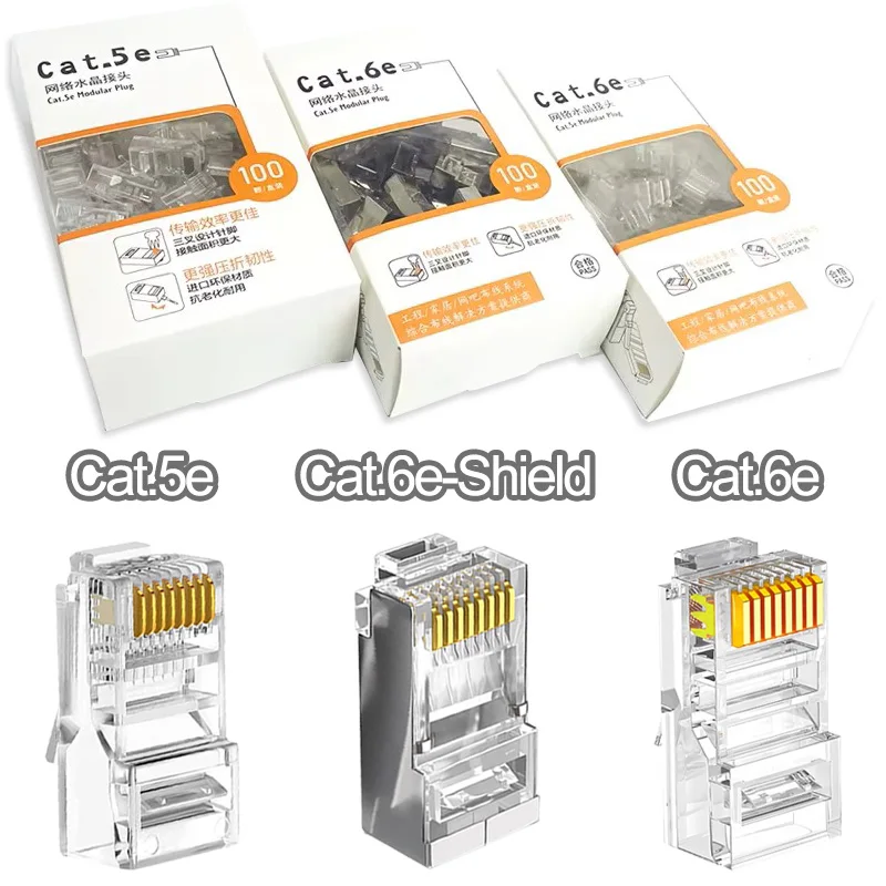 100Pcs/Set Network Plug Gold Plated Crystal Head RJ45 Connector for Gigabit Ethernet Cable 100Mbps 1000Mbps