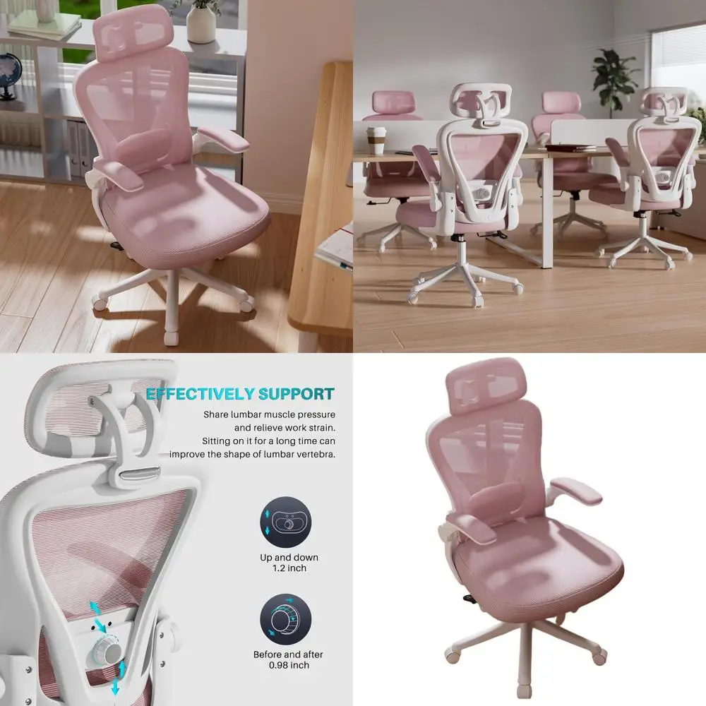 

Adjustable Ergonomic Desk Chair with Mesh, Lumbar Support, Headrest, and Flip-Up Arms in Pink