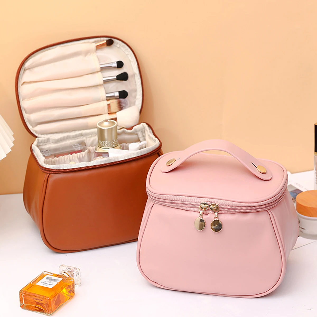 Portable PU Makeup Bag, Large Waterproof Cosmetic Pouch, Travel Washbag With Handles