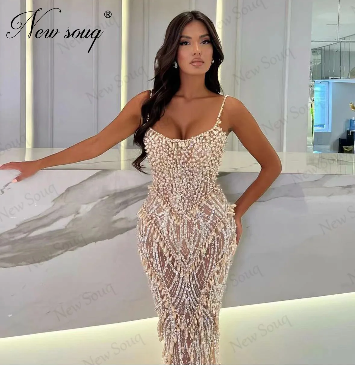 Spaghetti Straps White Crystals Evening Gowns For Weddings Vestido De Noche Birthday Engagement Dress Dubai Beaded Party Dresses