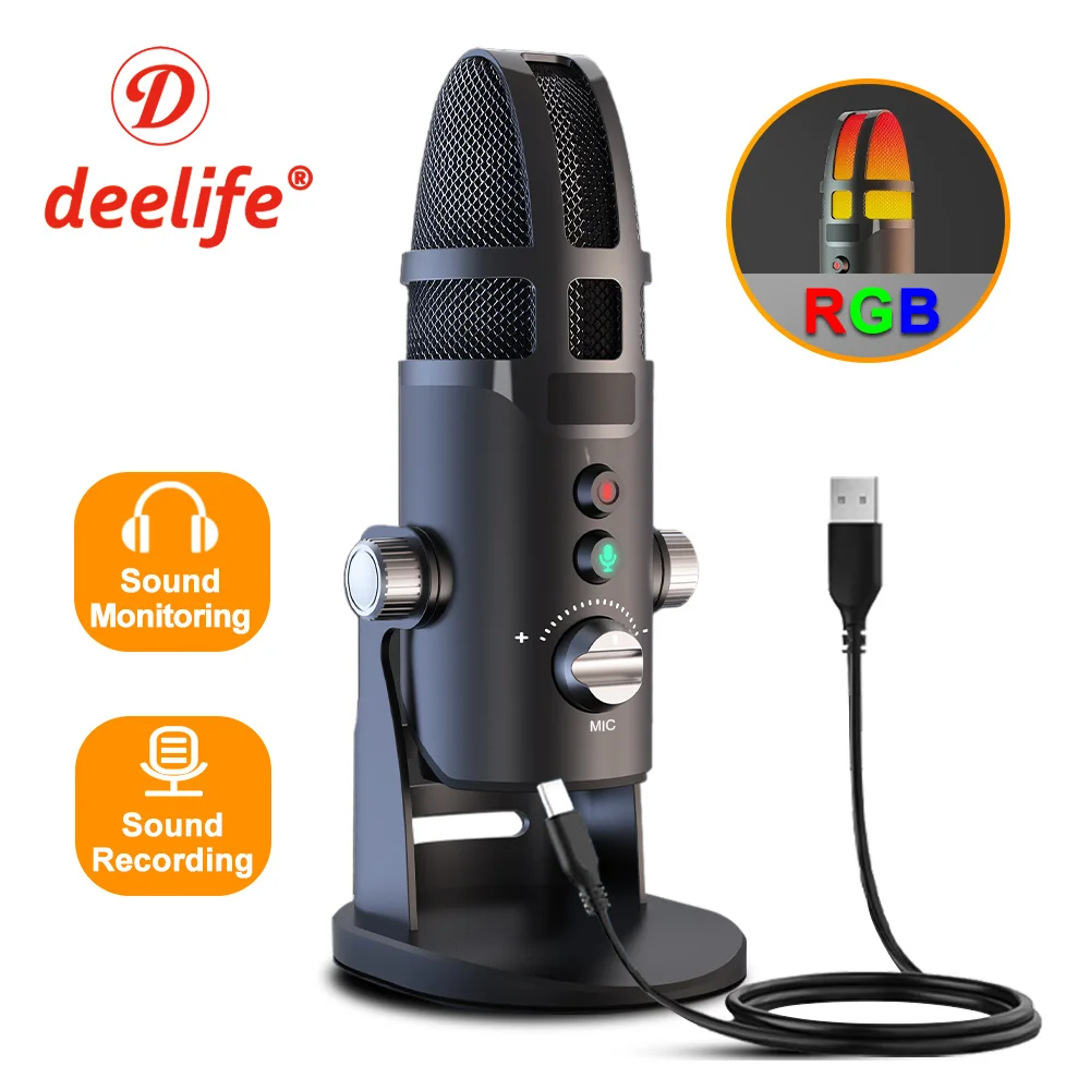 Deelife PC Streaming Microphone for Podcasts Computer Gamer RGB USB Condenser Mic