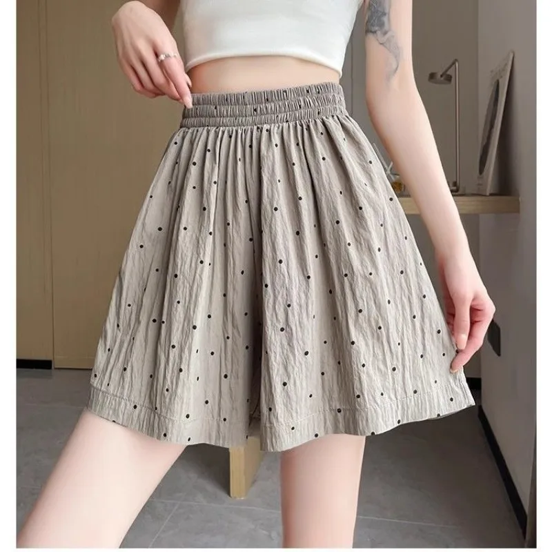 Korean Printed Dot Casual Shorts Women Hot Pants Elastic Waist Loose Wide-leg Pockets Shorts Holiday Soft Cool Streetwear Shorts