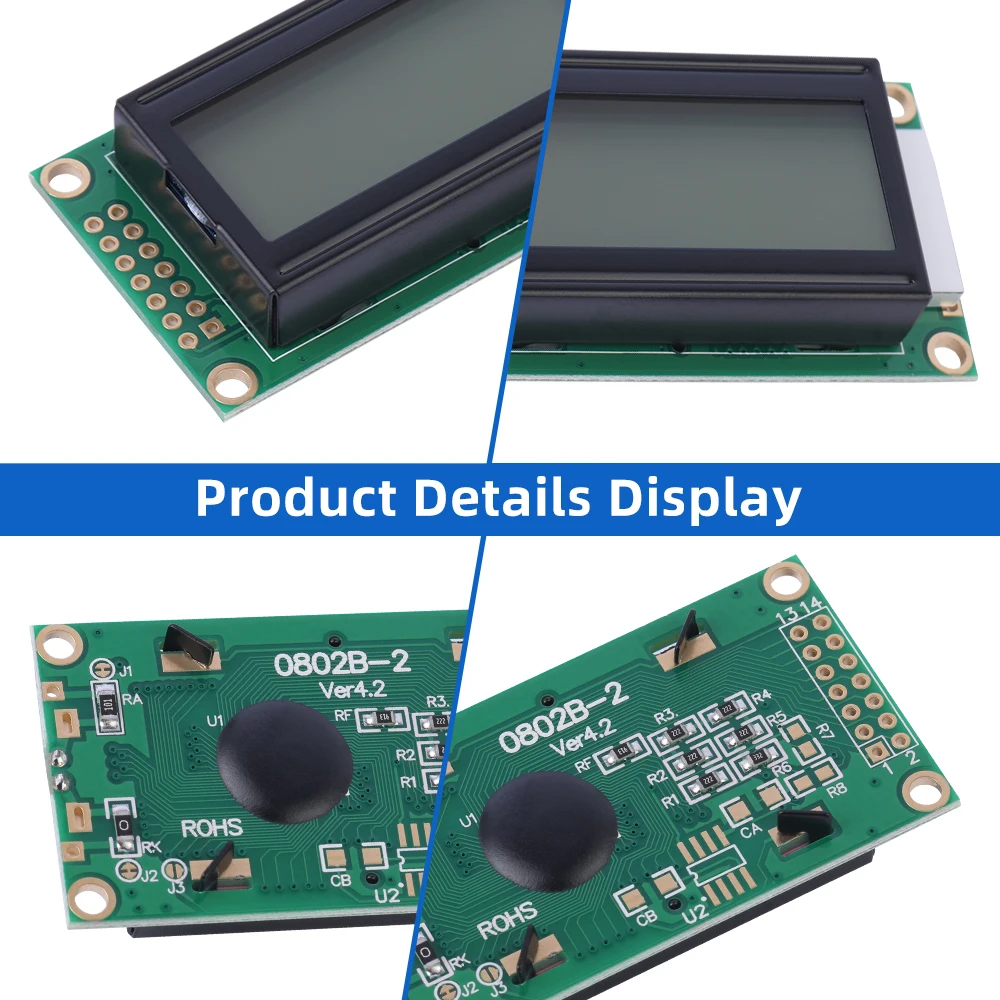 러시아 아이스 블루 필름 블랙 문자 LCD 모듈, 0802B-2 문자, 02X08 LCD 14 핀, 58X32Mm, 3 년 보증 LCM 디스플레이 모듈