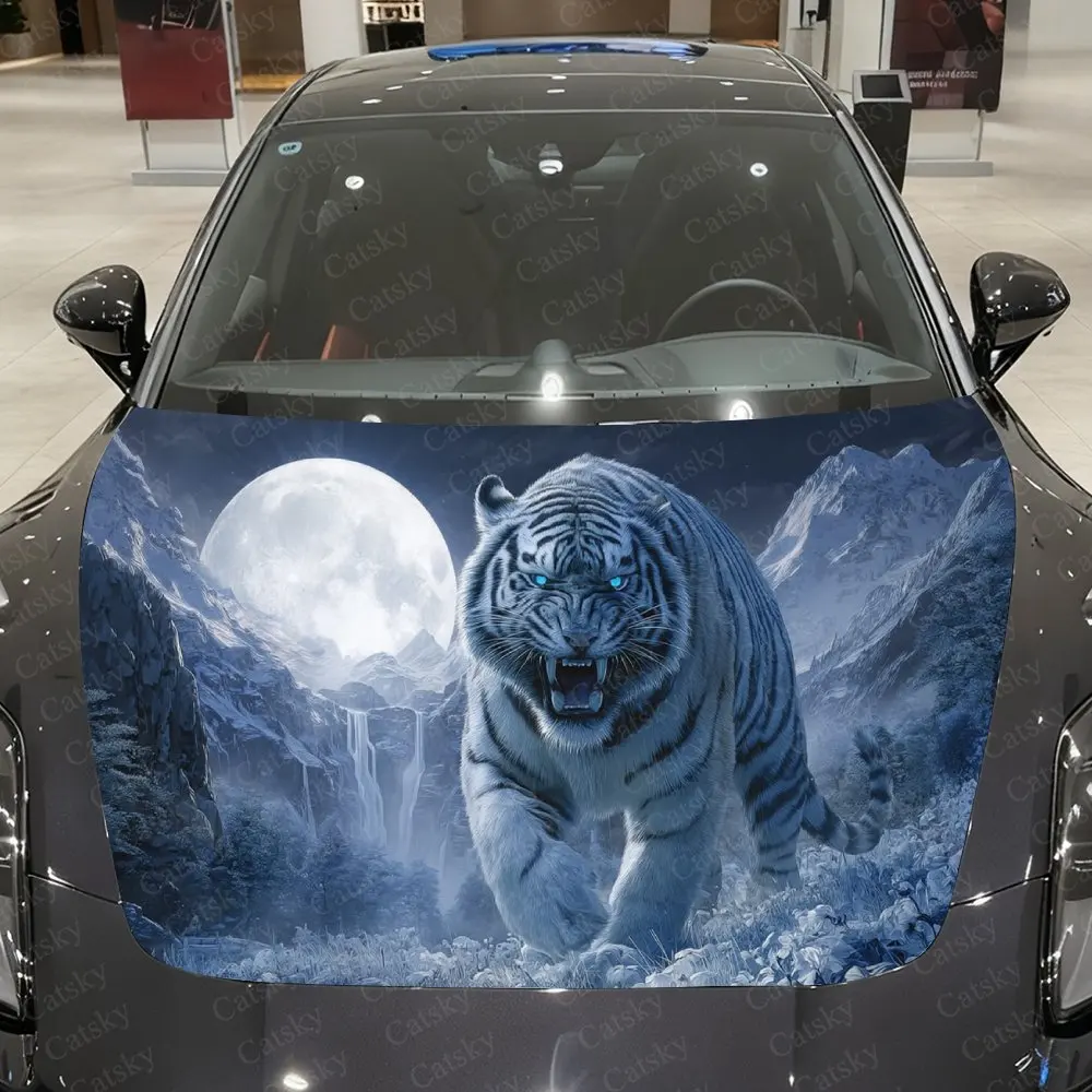 Ice Field Furious Tiger Car Vinyl Wrap, PVC Waterproof Car Hood Sticker, Self-Adhesive Scratch-Resistant Stickers
