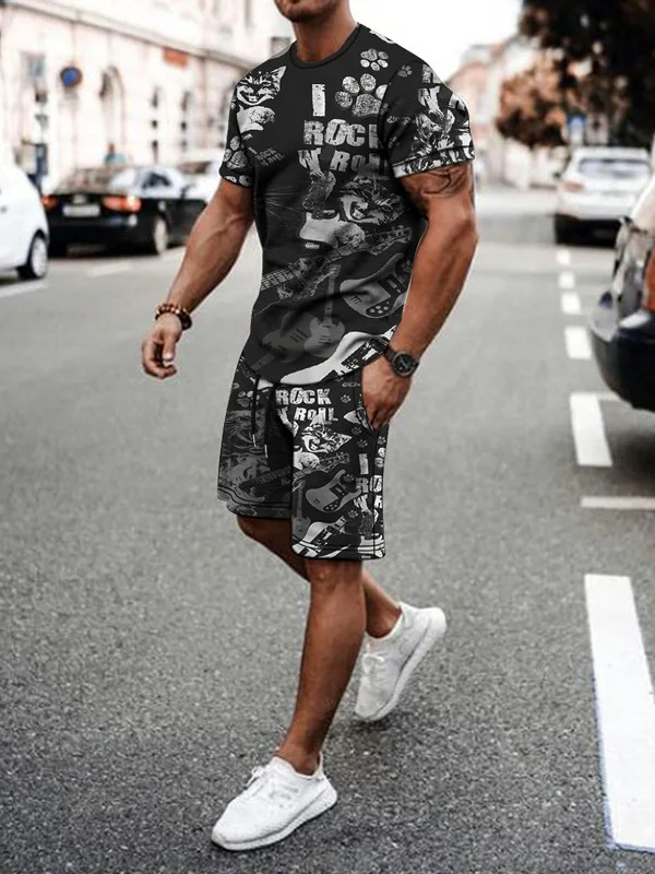 

Retro 3D Printed Men's Casual Set ort Sve T-irt And Five-Quarter Pants Polyester Fabric Summer Collection Youth Size