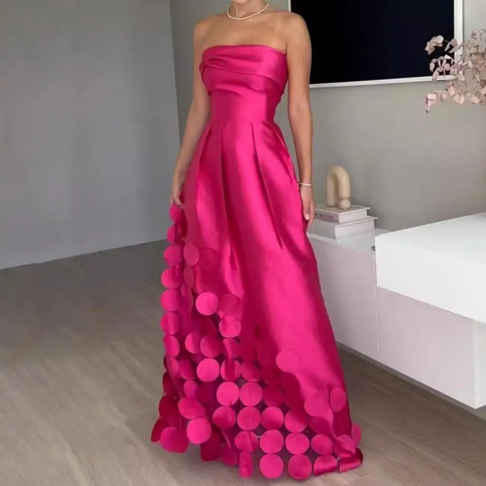 Evening Dress Hollow Out Round Satin Off-Shoulder Sleeveless Waist-Hugging Dress Summer Prom Wedding Party Female Maxi Dress