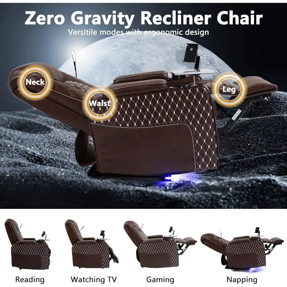 Cadeira reclinável Power Zero Gravity para adultos com porta-copos inteligentes, portas USB, armazenamento de braço oculto, mesa de bandeja, cadeiras de sala de estar