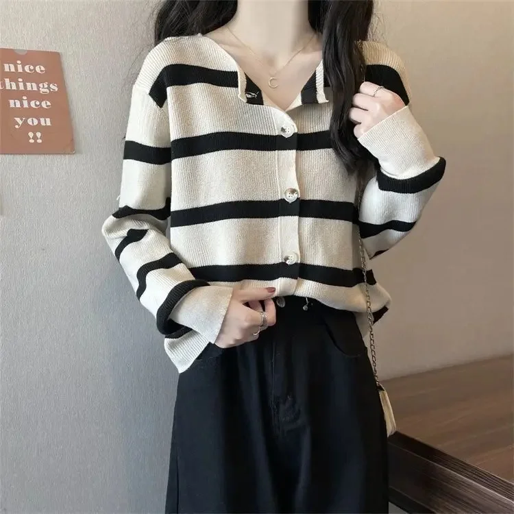 Loose Lazy Style Knitted Sweater Long Sleeve Women's Top Spring Autumn New Arrival Striped Color Block Open Cardigan Coat