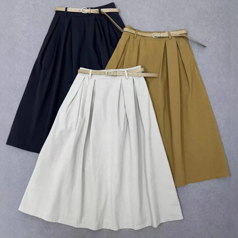 Johnature Spring Autumn Innovative Versatile Cotton Solid Color Skirt 2025 New Casual Literary A-line Women Skirts