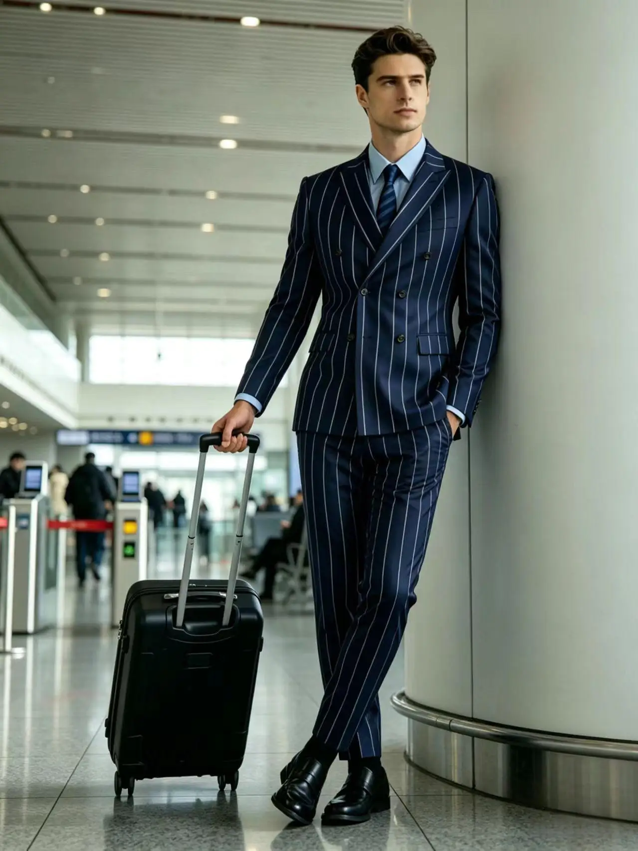 Men's Pinstripe 2 Piece Suit Set Double Breasted Peak Lapel Slim Fit Striped Tuxedo Suit For Wedding Prom Business Formal