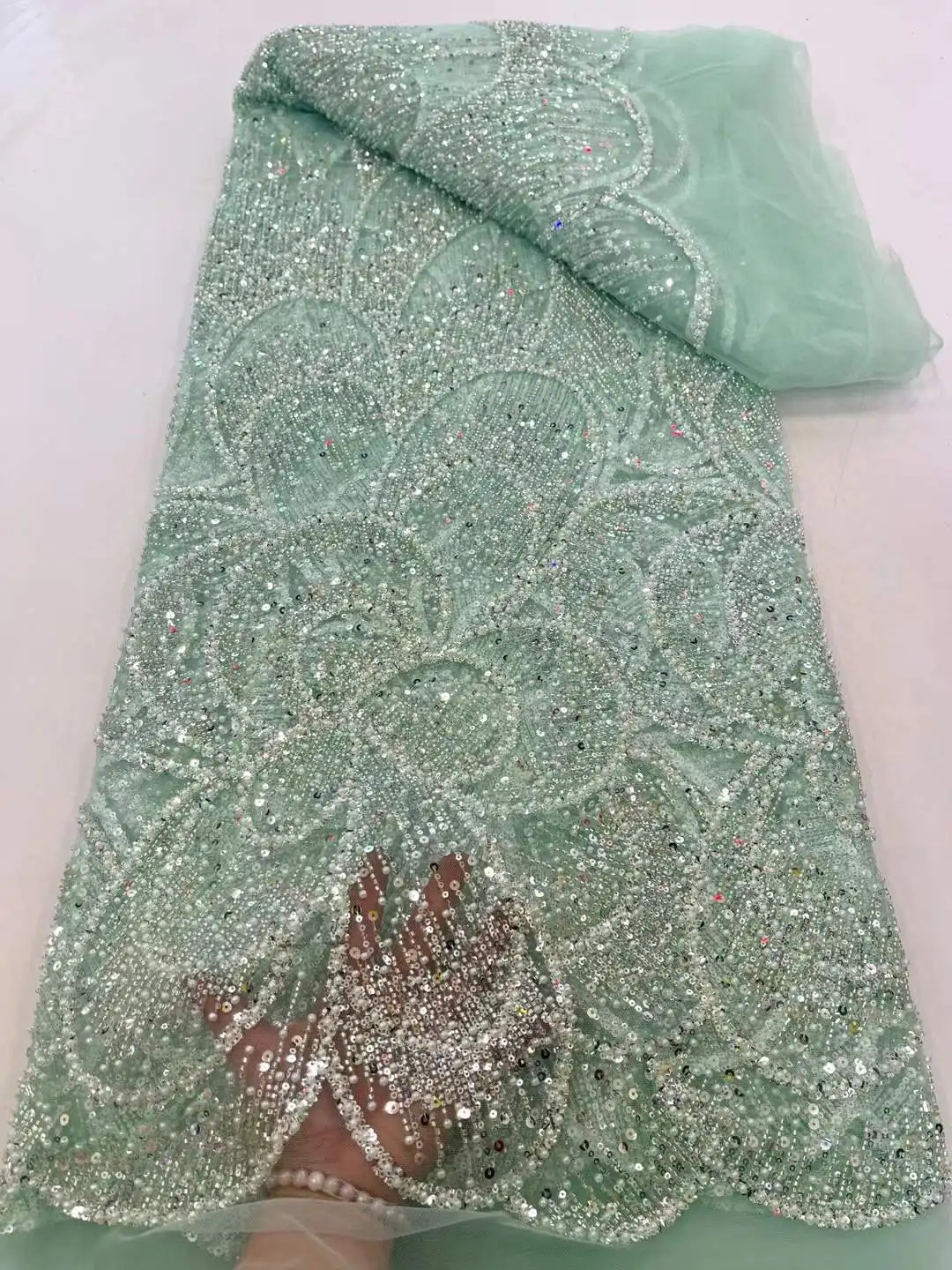 

African French Sequined Lace Fabrics High Quality Beaded Lace Nigerian Groom Embroidered Dress Material For Party Sewing