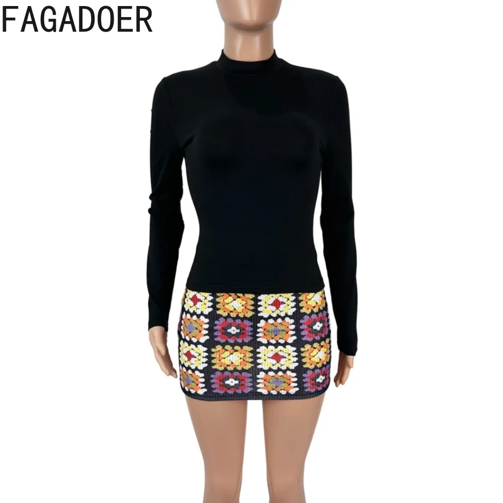 FAGADOER Fashion Color Block Knitt 2 Piece Sets Women Outfit Solid Long Sleeve Crop Top And Hollow Flower Skirt Suit Streetwear