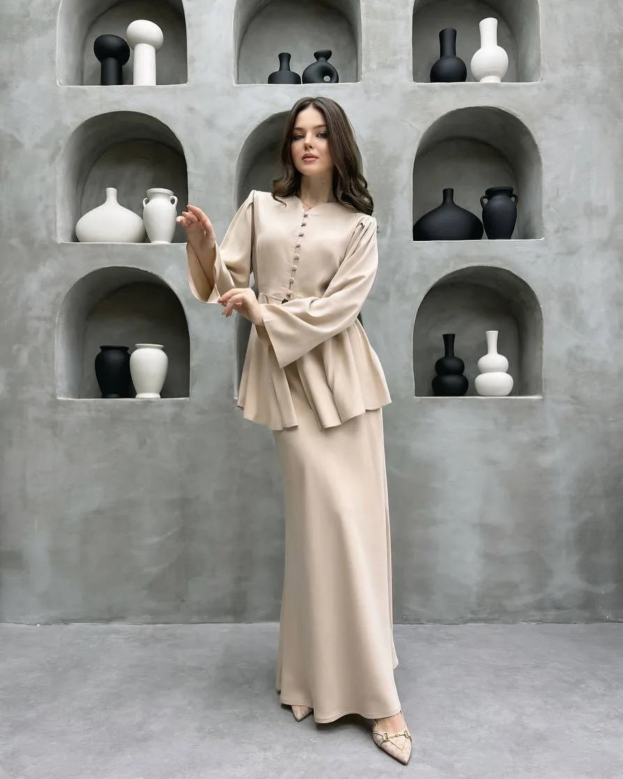 

High Quality Satin Skirt Outfit Spring Women V Neck Long Sleeves Tops+High Waist Loose Knee Length Skirt Autumn Two Piece Set