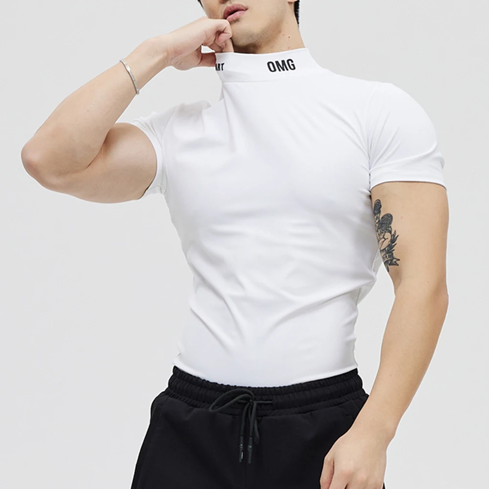 

Summer men sports fitness top Short sleeve plus size zipper neck t shirt streetwear