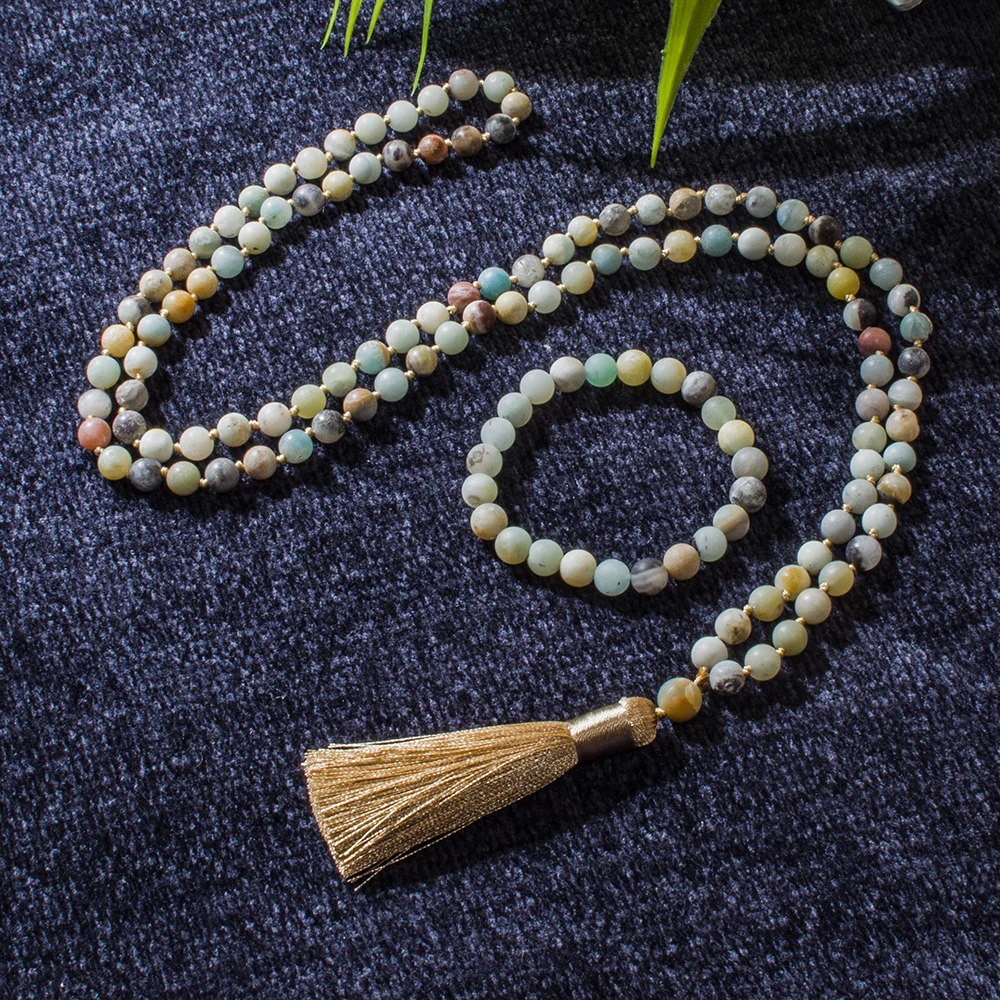 

8mm Matte Amazonite Beaded Knotted 108 Mala Necklace Meditation Yoga Prayer Japamala Jewelry Set for Men and Women