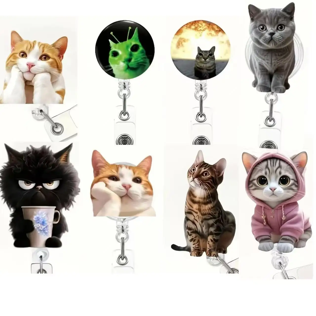 1 peça carretel de crachá retrátil de gato fofo com clipe de metal, 360 °   Gancho giratório, para enfermeiras / escritório / corporativo / eventos / trabalhadores de escritório