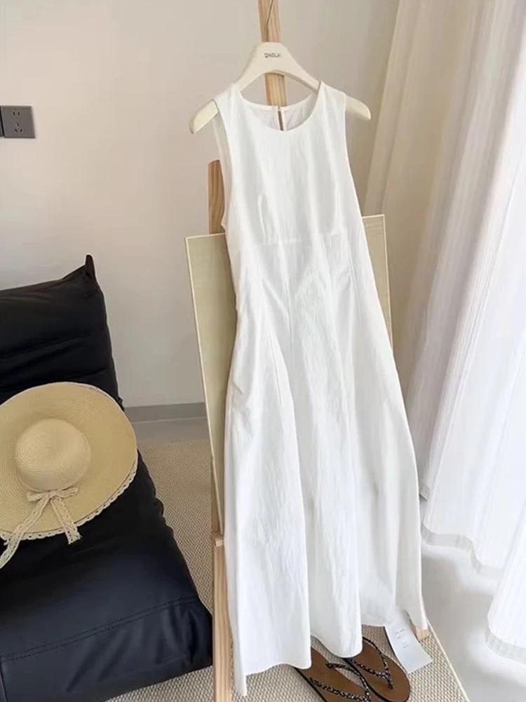 

Летнее пляжное платье-жилет для женщин, льняная юбка миди, белое, с круглым вырезом, с завышенной талией, для повседневной носки