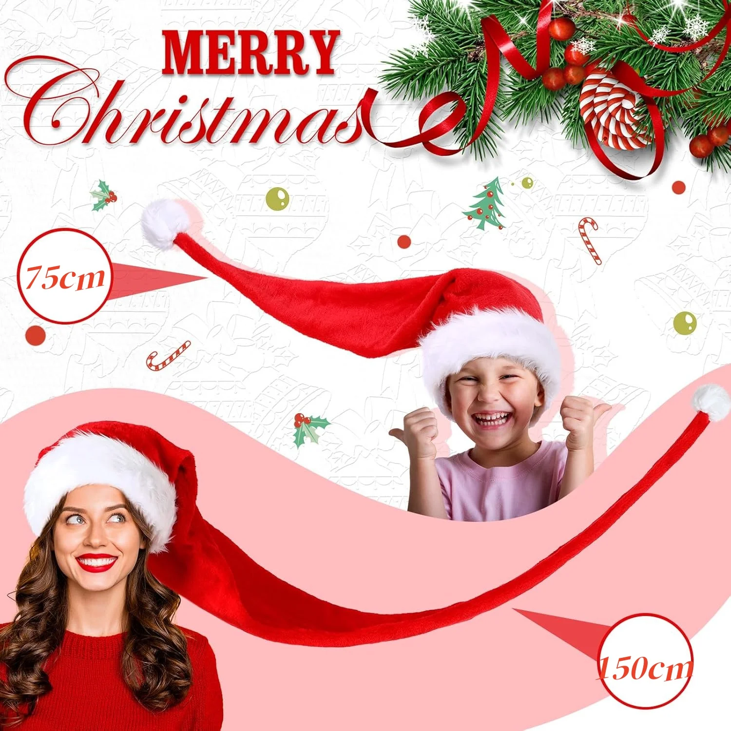 Extra lange Weihnachtsmütze für Kinder und Erwachsene, Eltern-Kind-Mütze, lange Mütze aus rotem Samt, Neujahr, Festival, Urlaub, Party-Requisiten