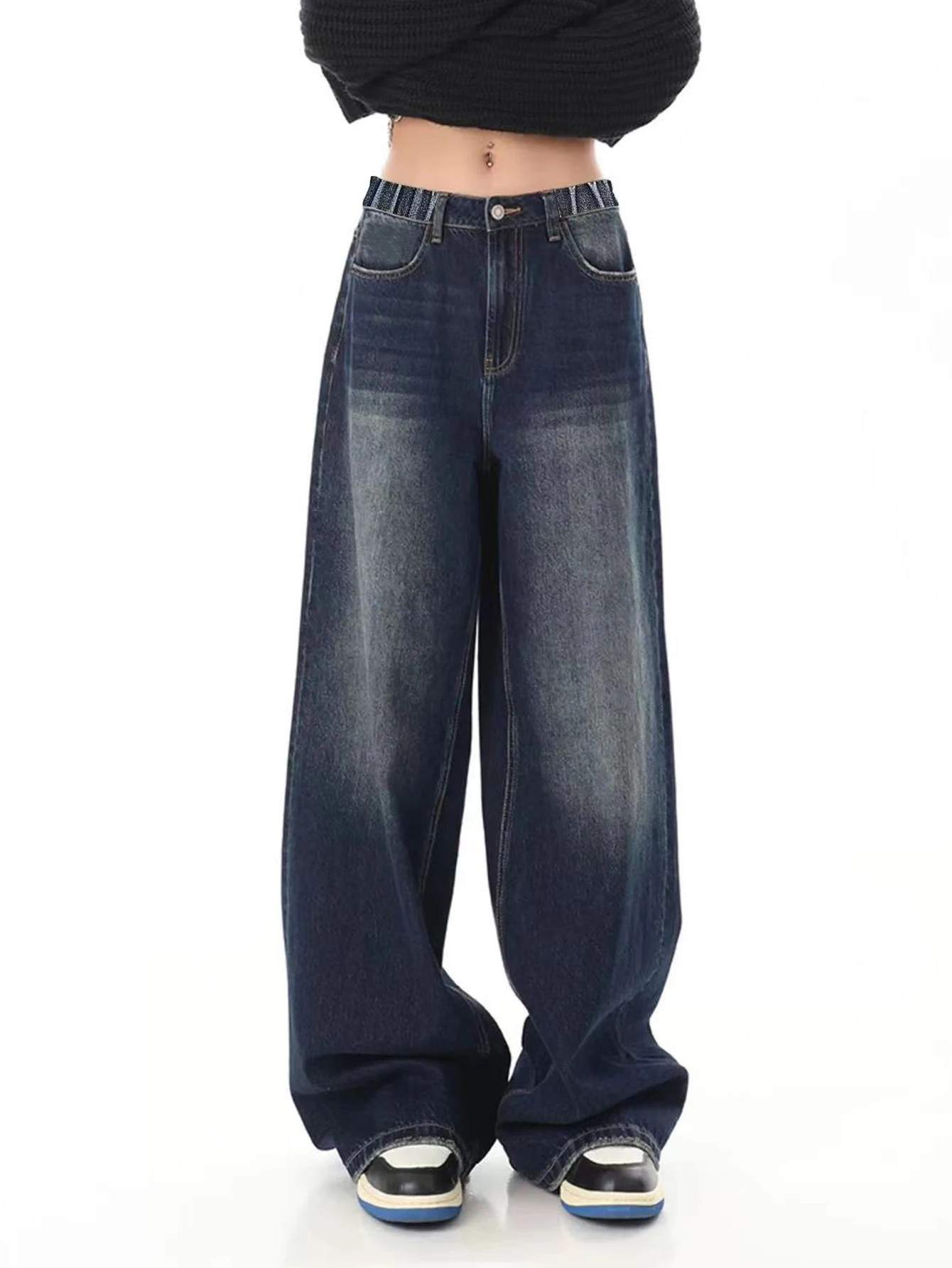 

Girls' Black Loose-Fit Denim Jeans – Vintage American Style, Casual & Trendy Wide Leg Pants