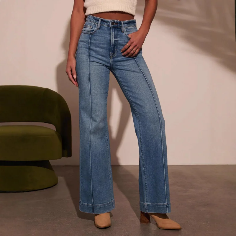 Damskie spodnie w stylu europejskim i amerykańskim, nowe, elastyczne, z szerokimi nogawkami, modne i eleganckie jeansy.