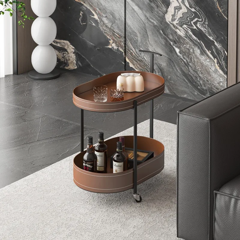Italian saddle leather mobile trolley sofa, side living room can be rotated corner table, household snack storage and coffee