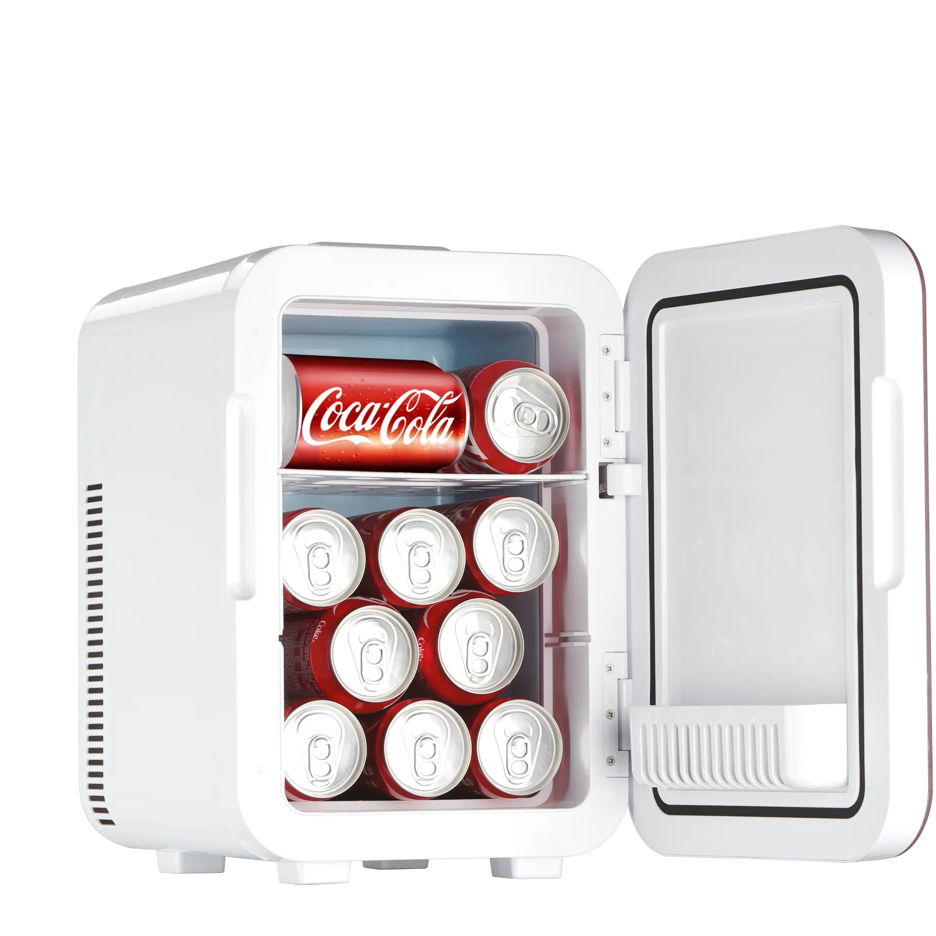 Mini refrigerador con cajones cocacola de 10L, estantería ajustable para mini refrigerador de coche, refrigerador con puerta de vidrio y congelador