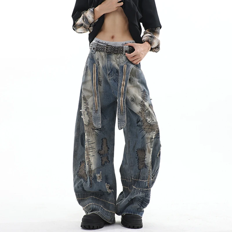 LUZHEN Personalized Original Wornout Patched Printed Loose Wide Leg Jeans Men's 2025 New High Quality Street Denim Pants JY4020