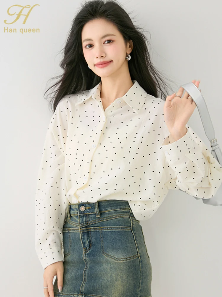 

H Han Queen 2025 Summer Thin Dot Korean Women Long Sleeve Vintage Top Chiffon Casual Office Shirts Elegant Blouse Woman Clothing