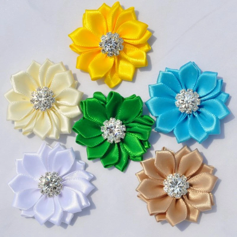 

20pcs/lot 5cm 17 Colors Mini Multilayer Satin Ribbon Flowers With Rhinestone Button Artificial Fabric Flowers For Headbands