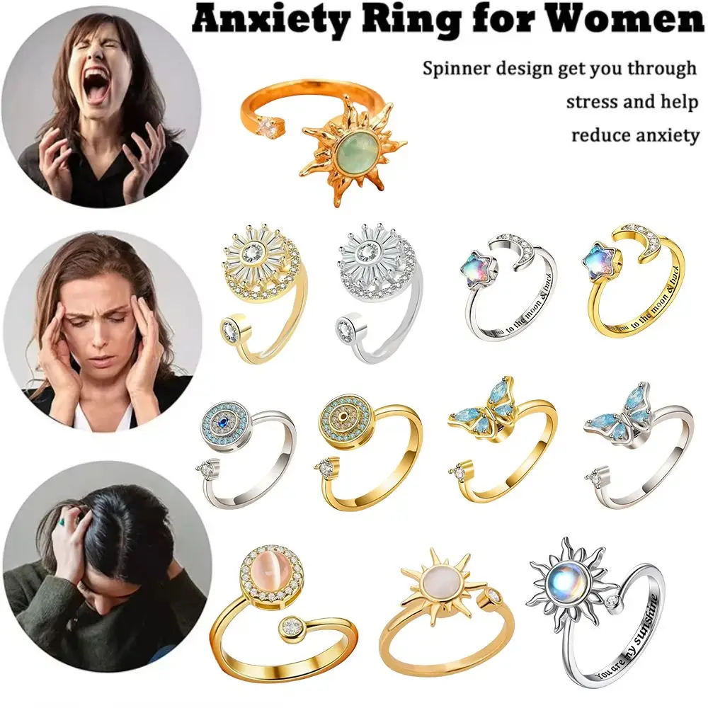 Rotating Design Rotating Ring Butterfly Luxury Fidget Spinner Ring Niche Design Sunflower Floral Synthetic Ring Family Friends