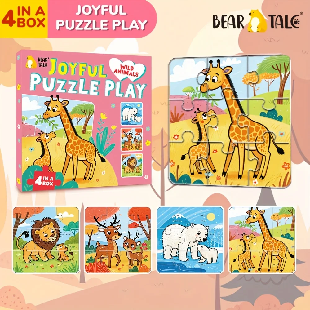 

4-in-1 wild animal children's puzzle, attractive and educational, Christmas birthday gift, family activity for boys and girls