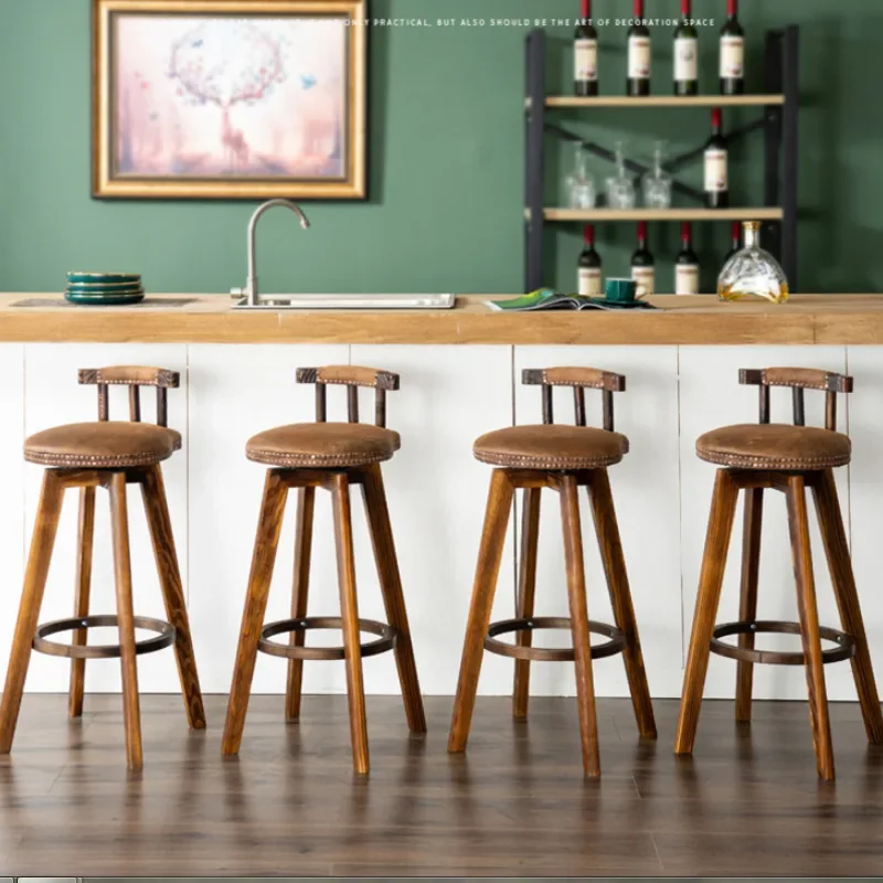 Cadeira de bar de madeira maciça durável Rotatable Counter Stool com Rivet Decoração Assento de Pub resistente Madeira resistente 200kg de capacidade