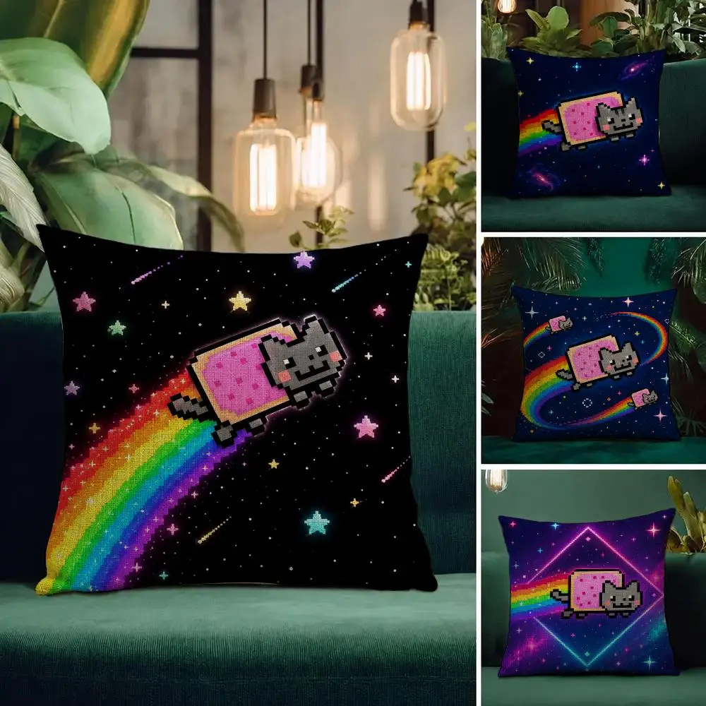 Meme Nyan Cat Cushion Cover Natural Linen Pillowcase Set All-in-One Decor Cushion Cover for Sofa Bedroom Chair