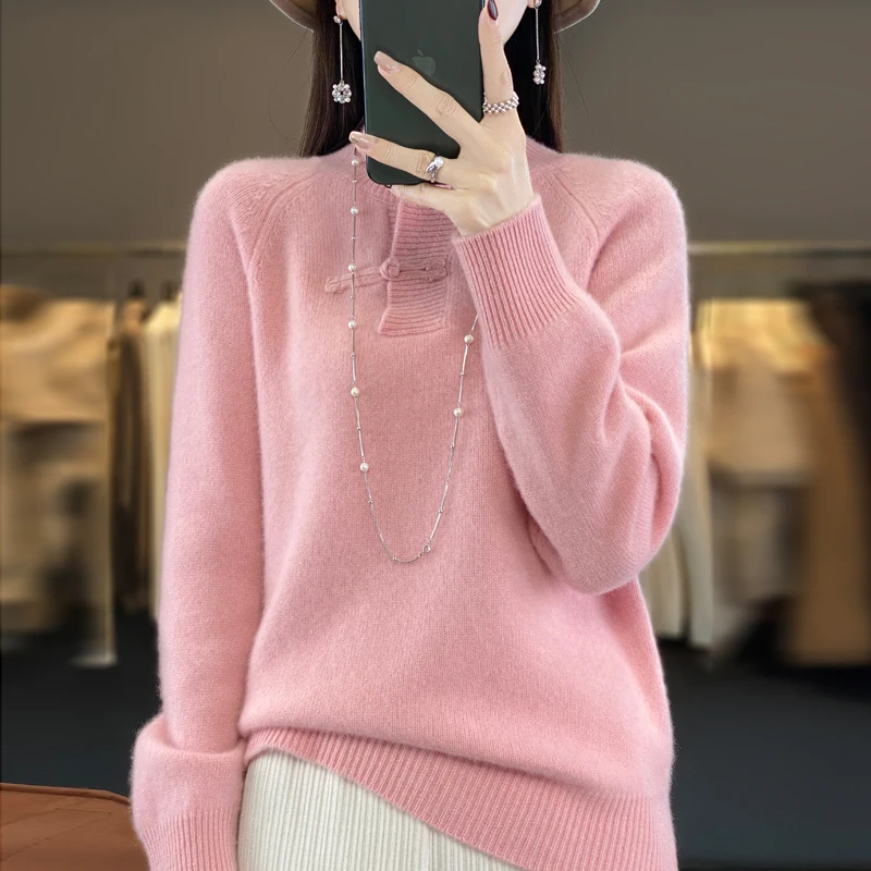 Women 100% Merino Wool Knitted Basic Sweater Half-high Collar Pullover Autumn Winter Chinese Style Buckle Thickening Soft Top