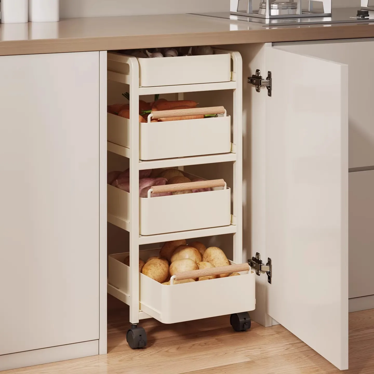 Metal Kitchen Storage Cart Pull-Out Lift-Out Baskets Two To Four Tier Freestanding Organizer In Cream White Or Gunmetal Gray
