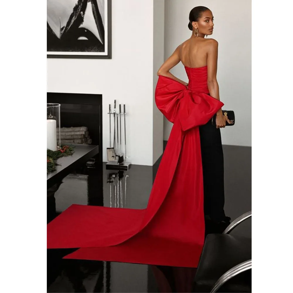 New Couture Black&Red Stretchy Long Evening Dresses With Big Bow Strapless Fashion Formal Party Dress Maxi Gowns