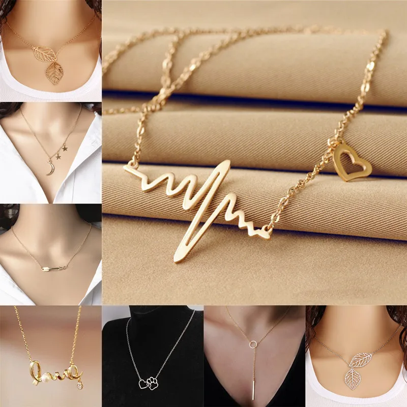 Wave Heart Necklace ECG Heartbeat Gold Color Pendant Charm Lightning Necklace For Women Vintage Jewelry Accessories Lover Gift