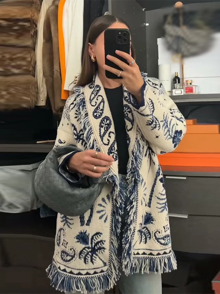 

Fashion Print Knit Cardigan Women's Tasseles V Neck Long Sleeves Belts Sweater Coats 2025 Autumn Winter Lady Casual Knitwears