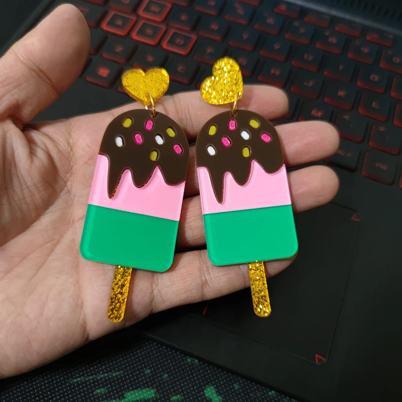 KUGUYS Lovely Summer Ice Cream Stick Dangle Earrings for Women Glitter Acrylic Long Drop Fashion Jewelry Trendy Accessories