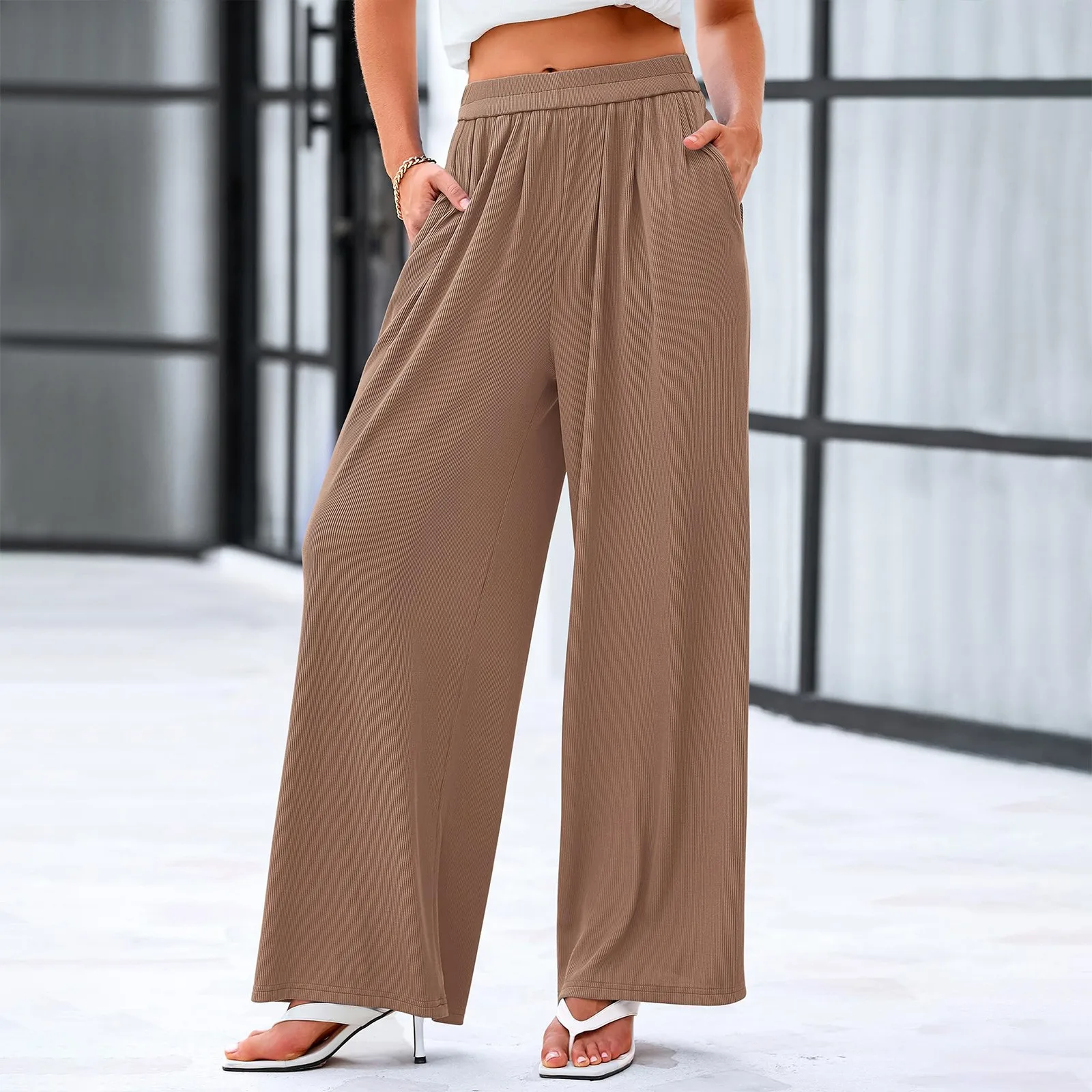 Autumn Wide Leg Pants For Women Soft Silk Mid Waisted Straight Pants Elastic Flowy Workwear Casual Wide Leg Pants Trousers