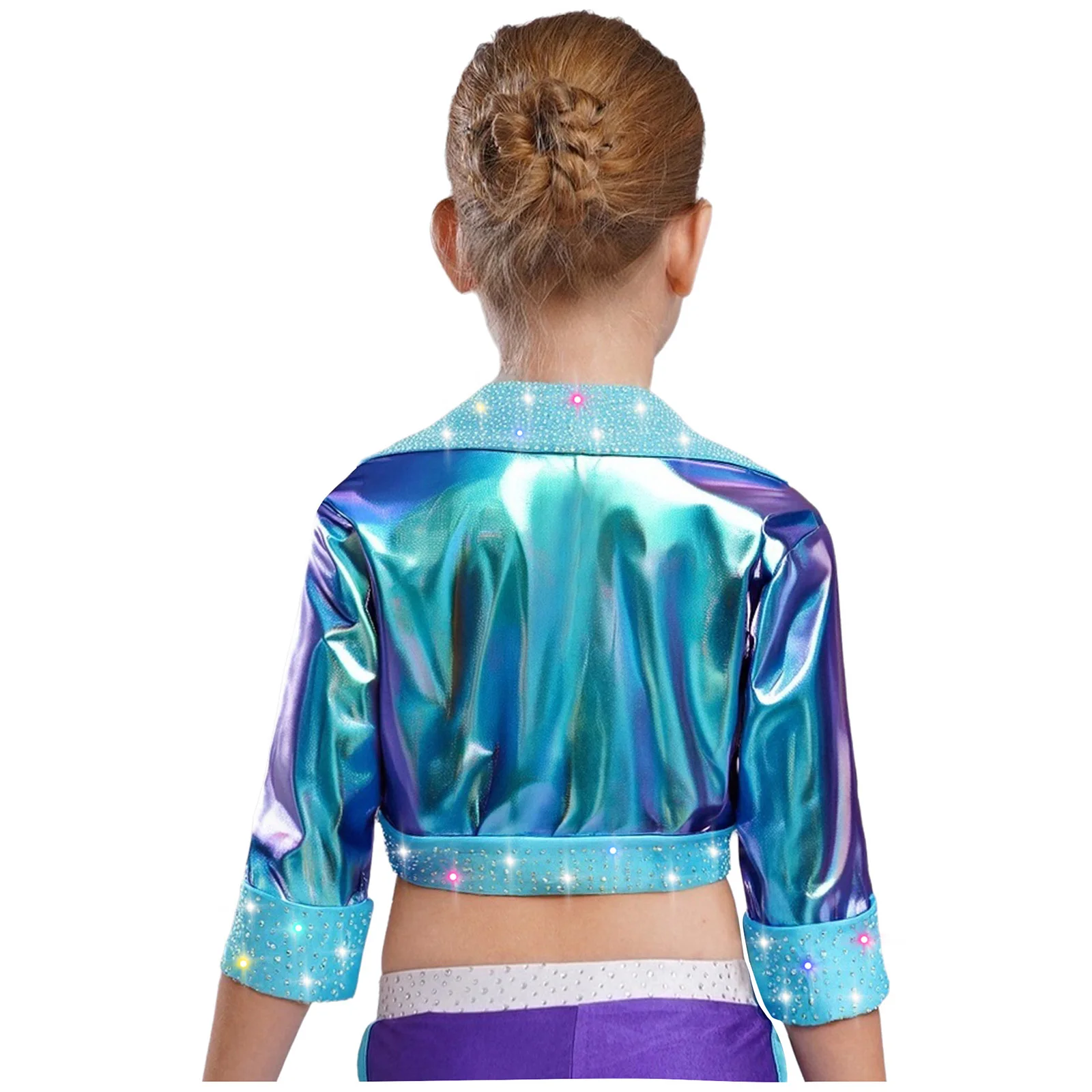 أطفال بنات الجاز الرقص ملابس خارجية معطف معدني الحديثة الهيب هوب الرقص ازياء التلبيب طوق كم طويل لامعة الراين سترة #3