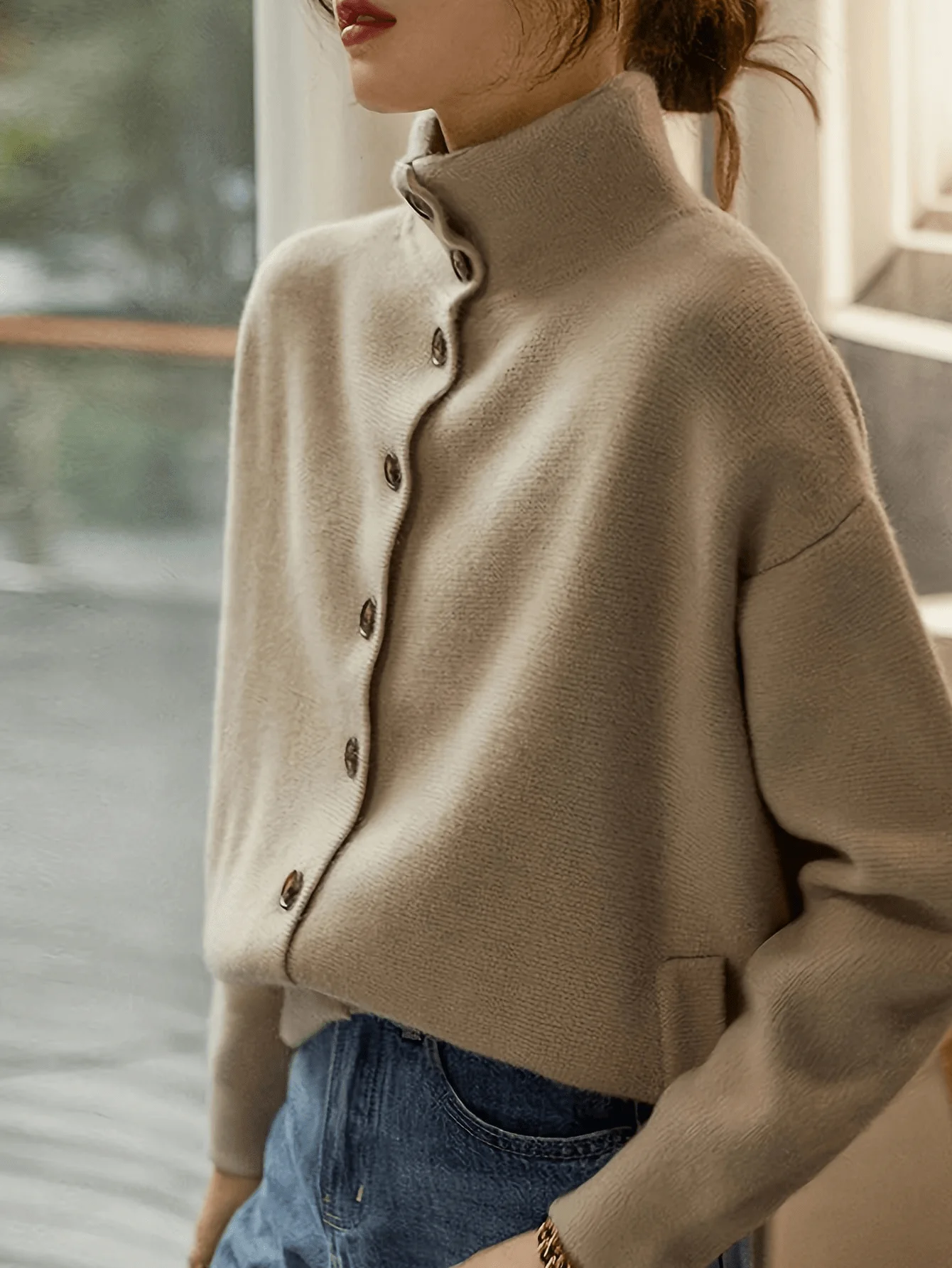 

Women's Solid Color Stand Collar Knitted Cardigan with Single-Breasted Buttons, Casual Minimalist Style for Street & Commute