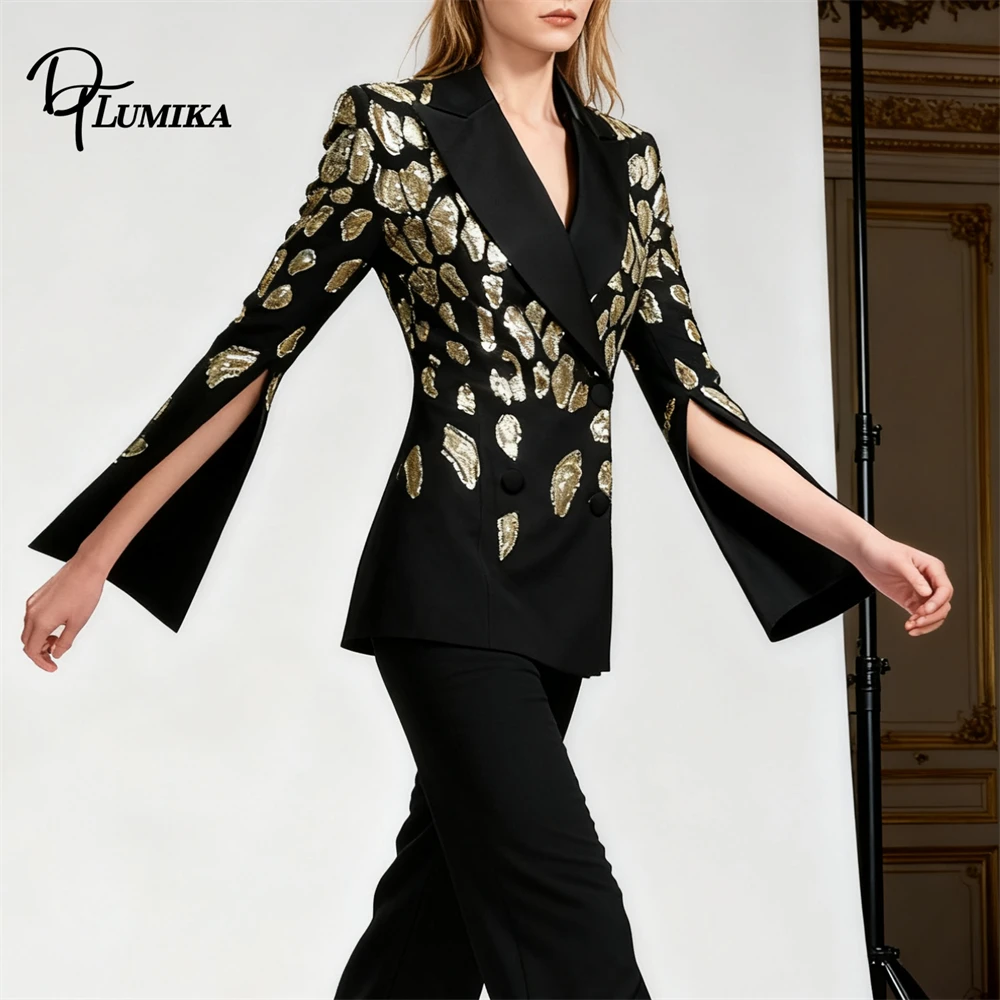 DTLumika Giacca da abito lunga da donna alla moda, abito da festa nero, blazer Suir con paillettes con immagini reali