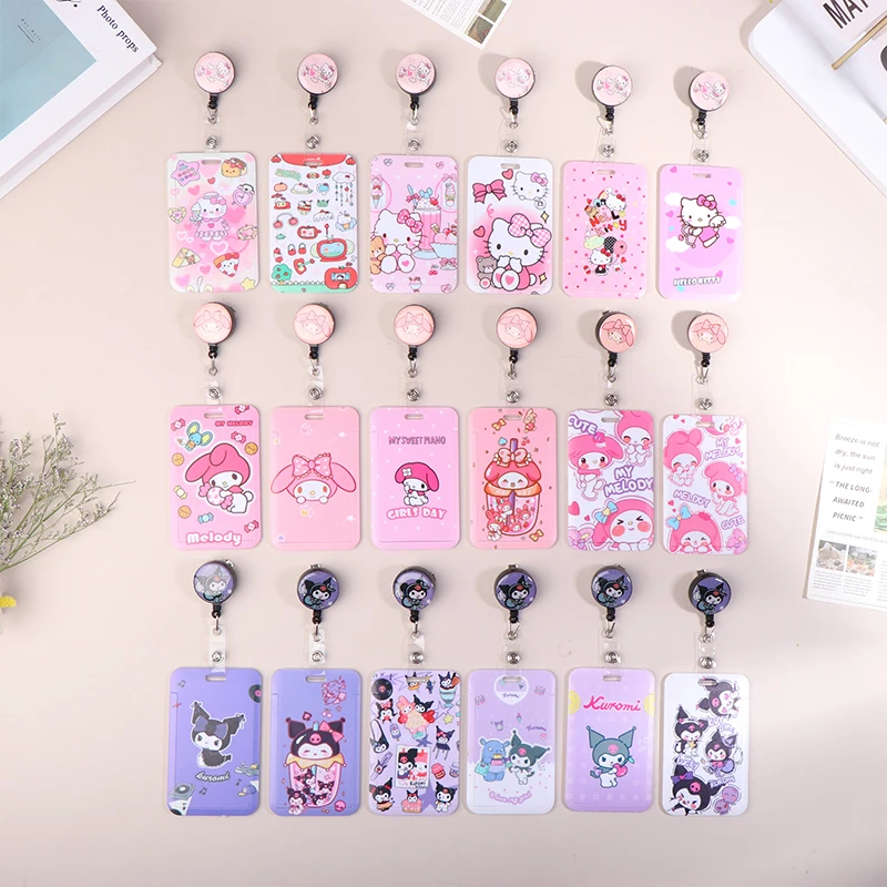 Sanrio Anime Hello Kitty Kuromi Melody Retractable Clip ID Card Holder Women Door Girls Cardholders Nurse Hang Credential Buckle