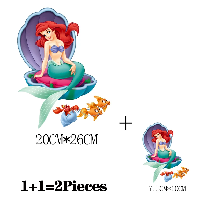 2Pcs/Lot The Little Mermaid Disney Iron On Fusible Patches Heat Thermal Transfer Stickers Ironing Applications For Clothing DIY