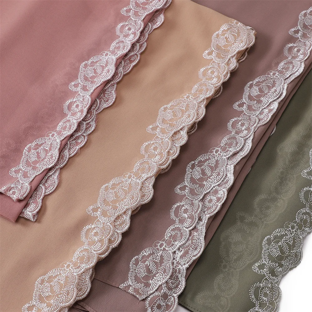 Hijab en mousseline de soie pour femmes musulmanes, 2 côtés, dentelle, broderie, Rose, bords fleuris, patchs décoratifs