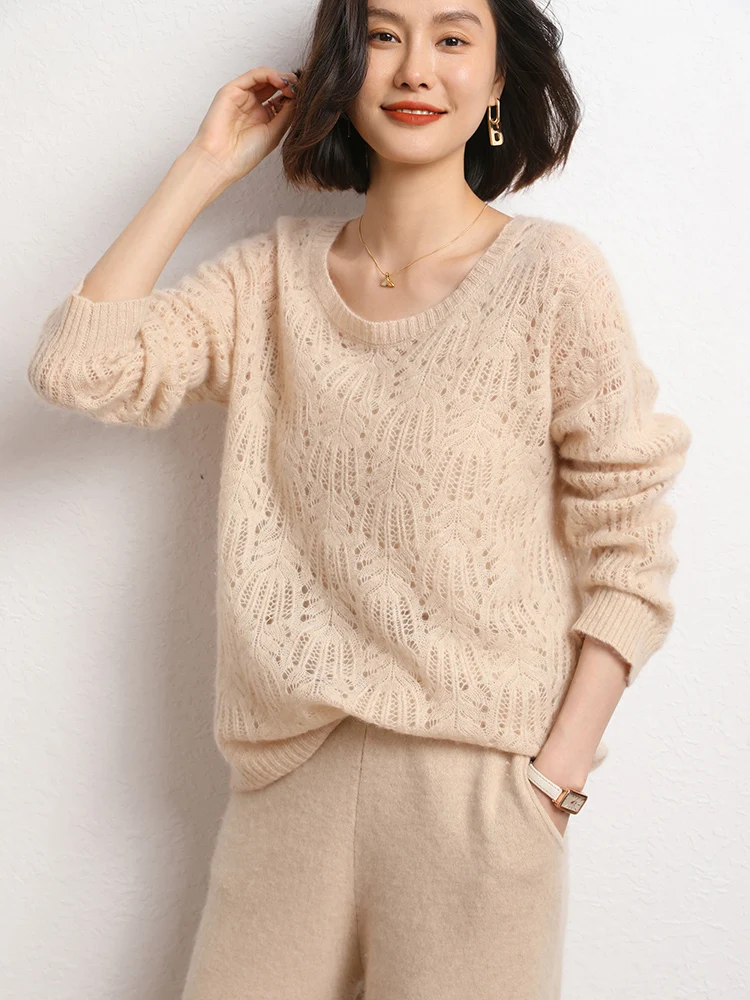 

TLOML Women 100% Cashmere Knitwear O-neck Hollow Out Shell Pullover Spring Autumn Cashmer Sweater Long Sleeve Fashion Comfy Tops