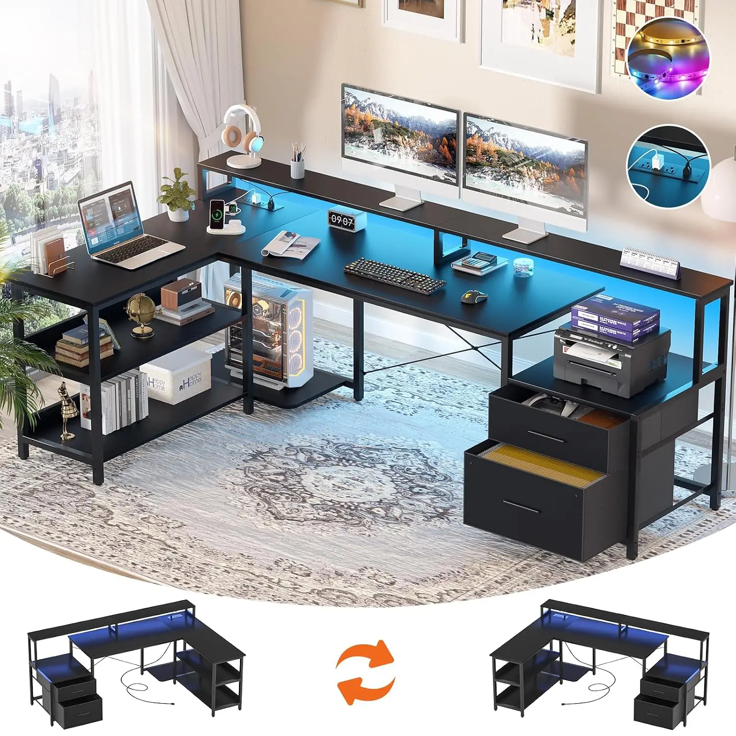 L Shaped Gaming Desk with File Drawer & RGB LED, 66 Inch Office Computer Workstation, Customized