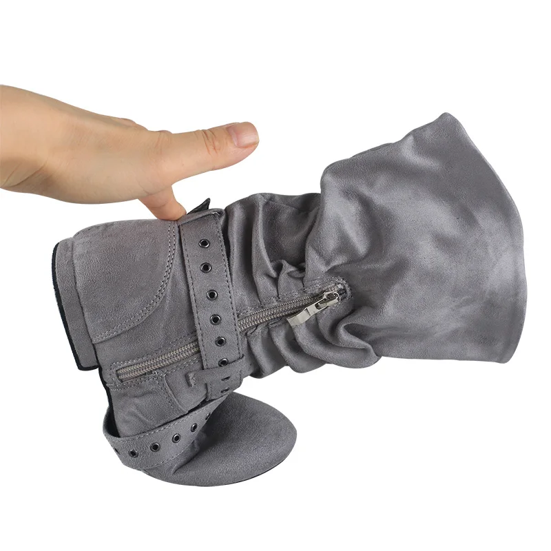 Wedopus OEM Home Dance Boot Women Soft Grey Suede Medieval Boots Dancing Shoes Zipper 2CM Swayd Dance Boots Line Dance Shoes #6