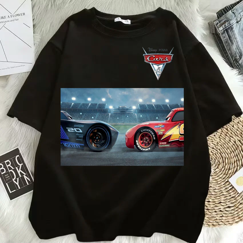 

25-26 летняя хлопковая футболка с принтом «Машинки с героями мультфильмов Диснея» и молнией Маккуин, детская одежда с короткими рукавами, подарок на вечеринку, повседневная Y2K